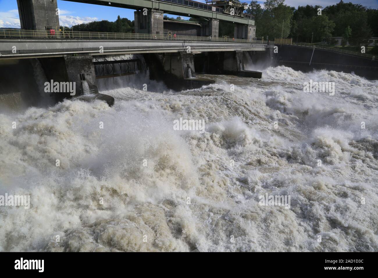 Flooding at the Hochrhein power plant Ryburg-Schwoerstadt, Gischt and Strudel Stock Photo