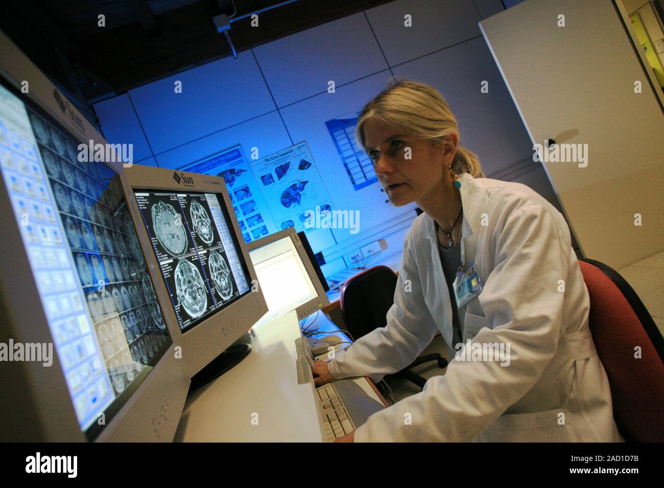 MRI scanning diagnostics. Radiologist examining the results of a resonance imaging (MRI