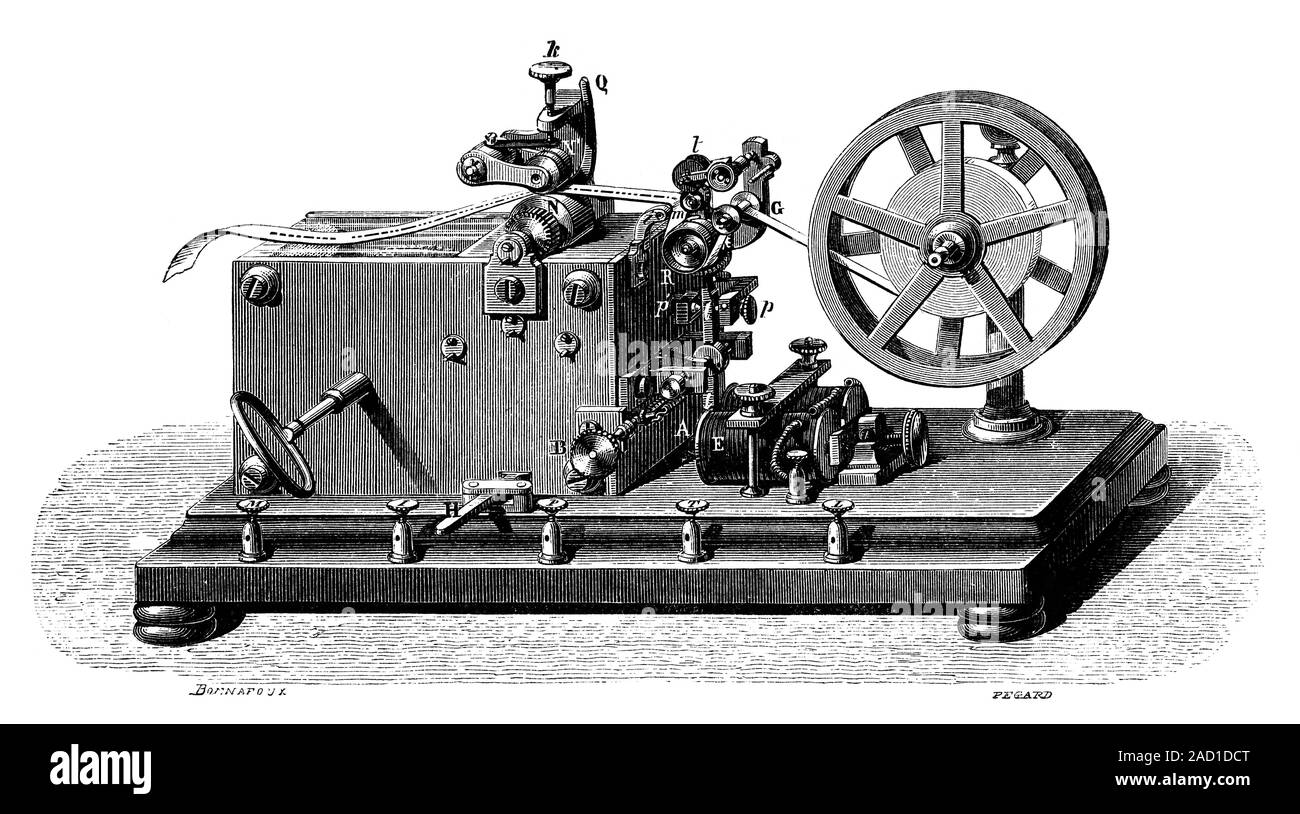 Morse telegraph receiver. Historical illustration of the receiver of a telegraph machine used to communicate in Morse code. The messages arrived throu Stock Photo