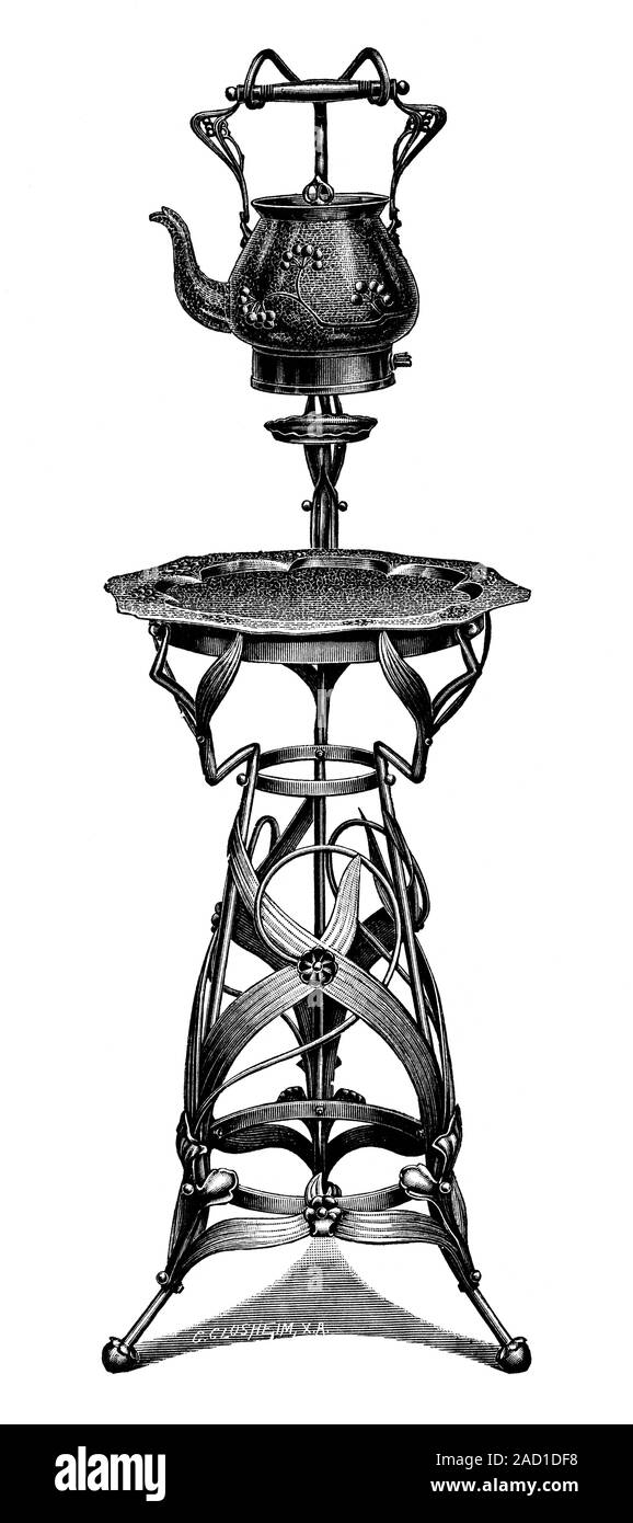 Electric kettle. Historical illustration of a kettle that has been fitted with an electric