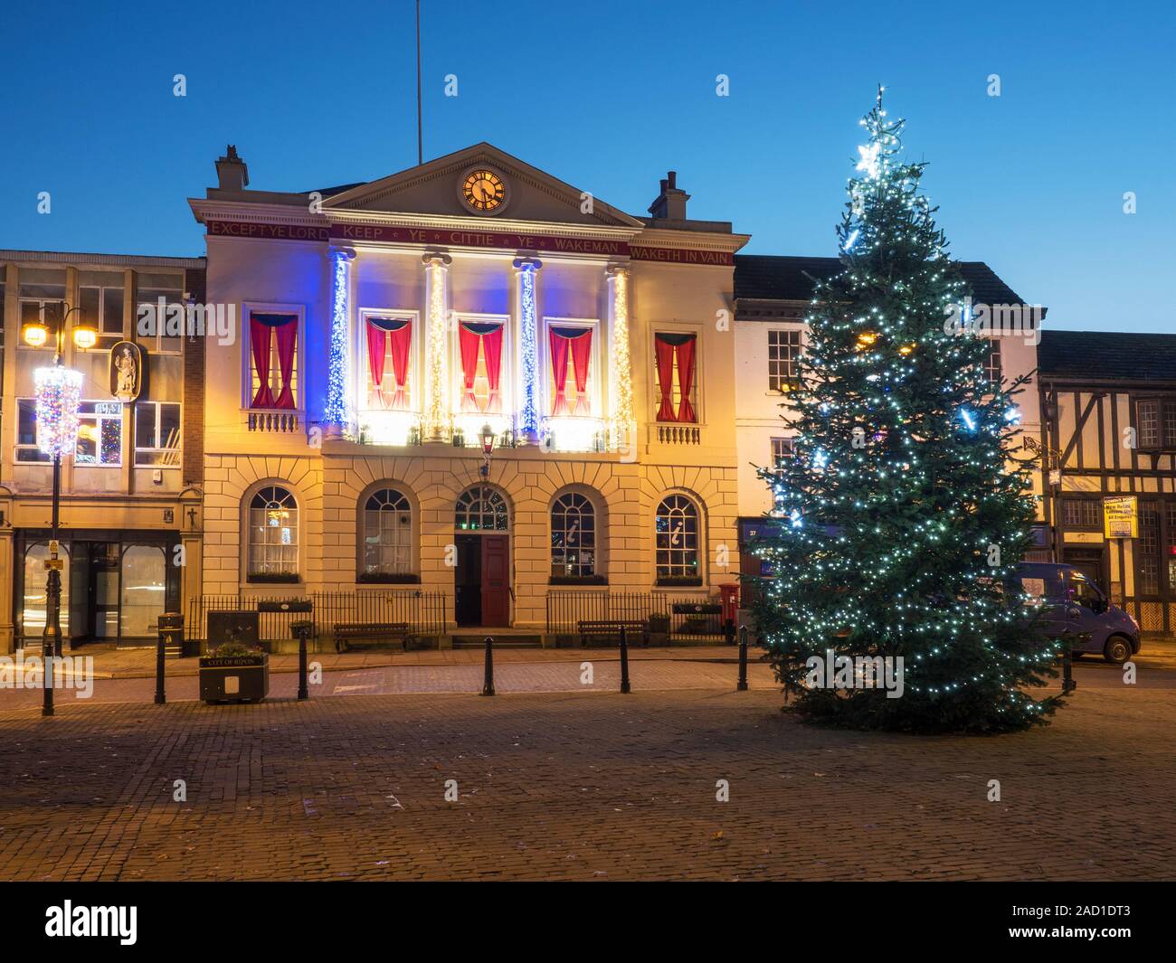 Christmas tree in the Market Place and the Town Hall at Ripon North