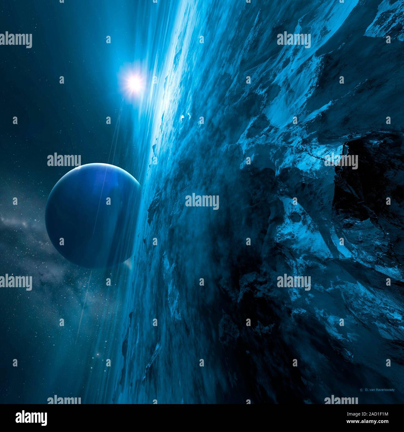 Neptune from Triton. Computer illustration of a view across the surface ...