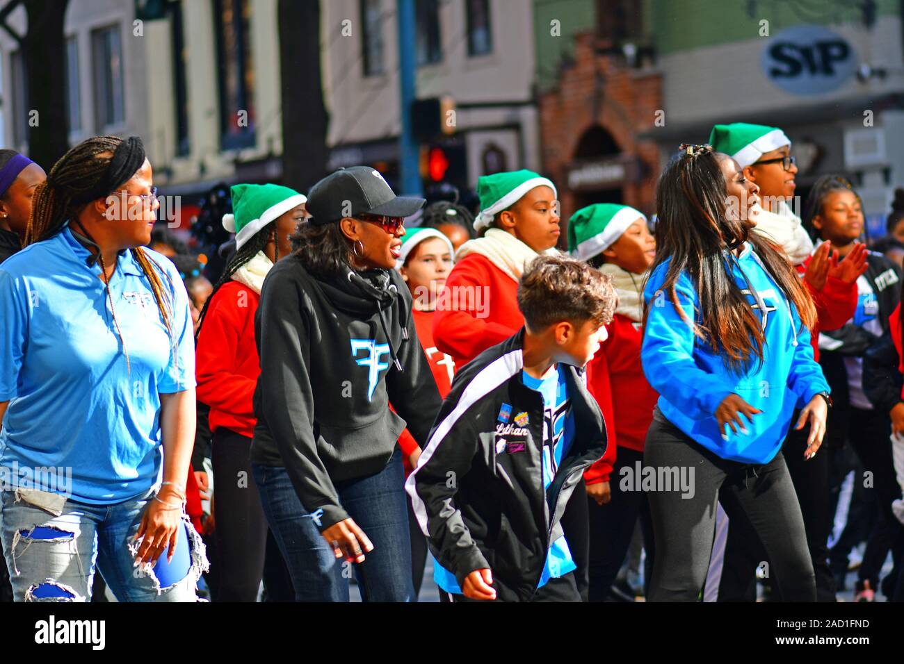 Marchers singing during the Thanksgiving Day parade in Charlotte, NC