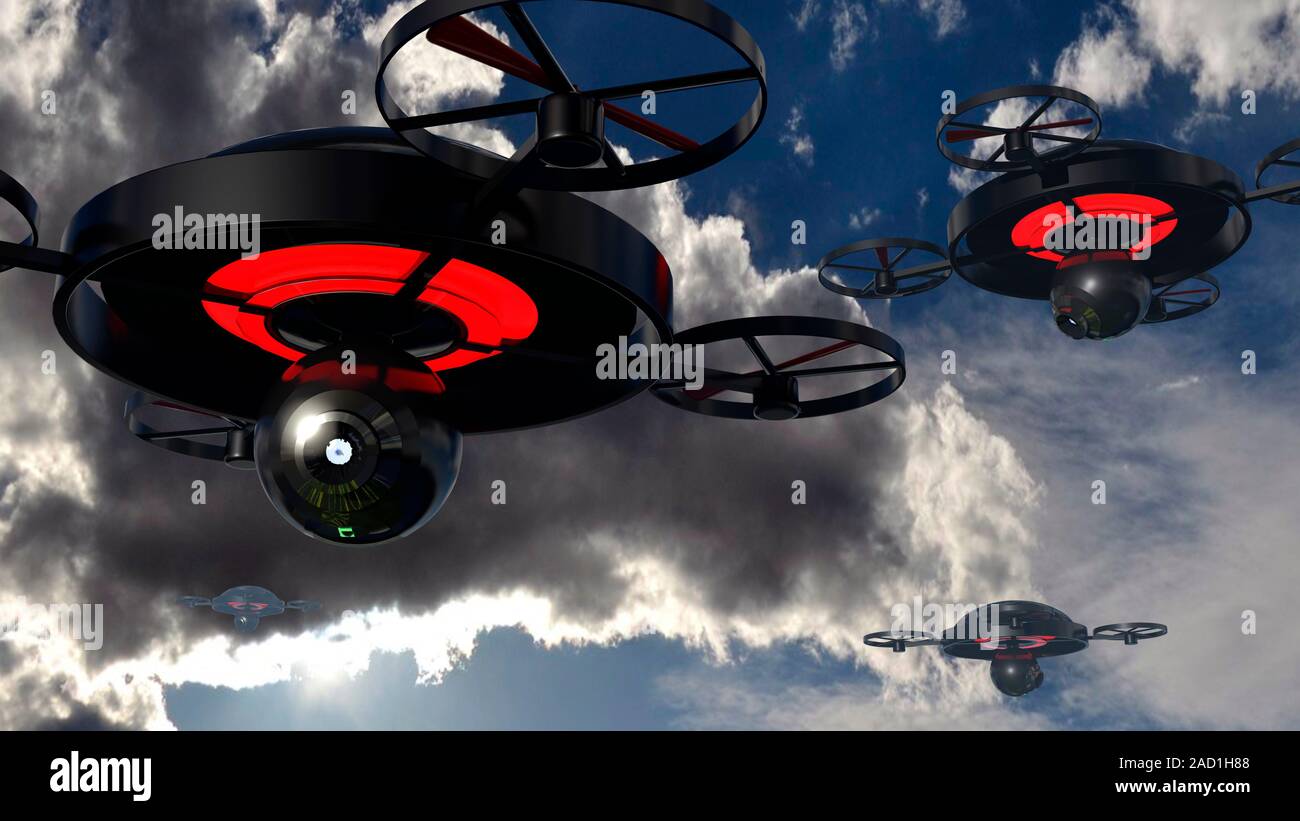 Security drones. Computer illustration of quadcopter unmanned aerial