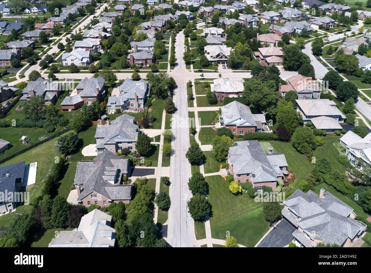 Aerial view of a neighborhood in suburban Chicago during summer Stock