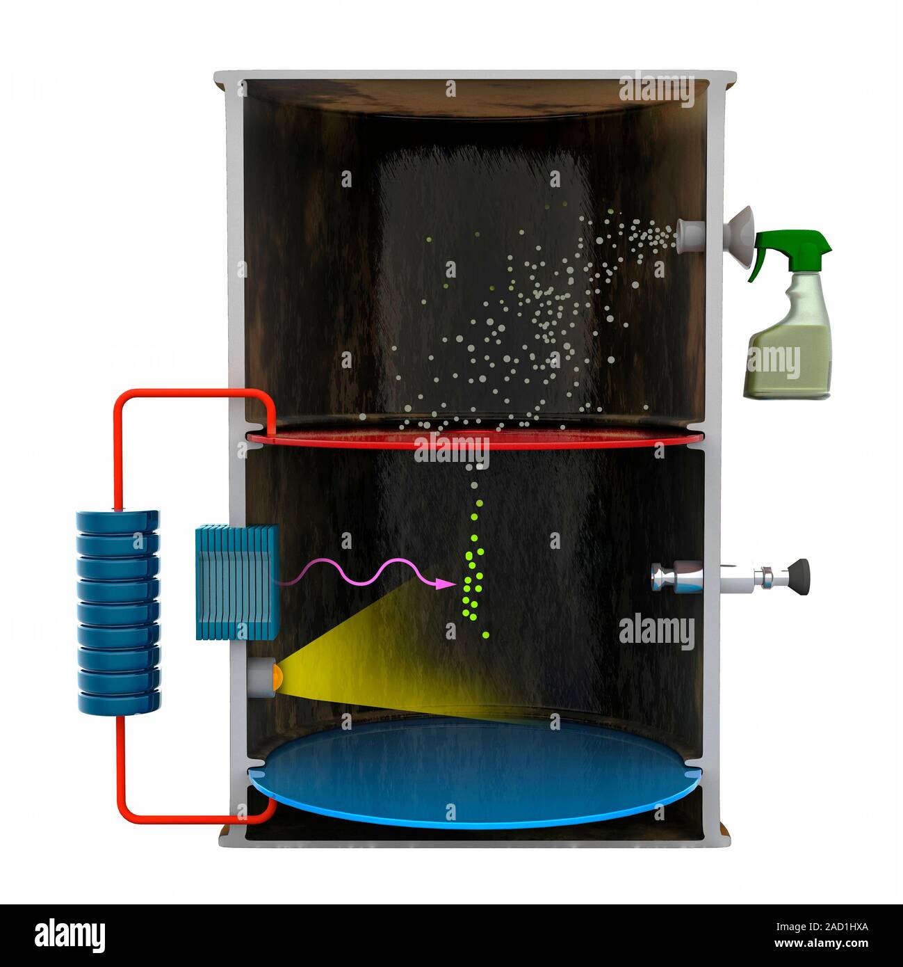 Millikan oil drop experiment. Cutaway artwork of the experiment carried ...