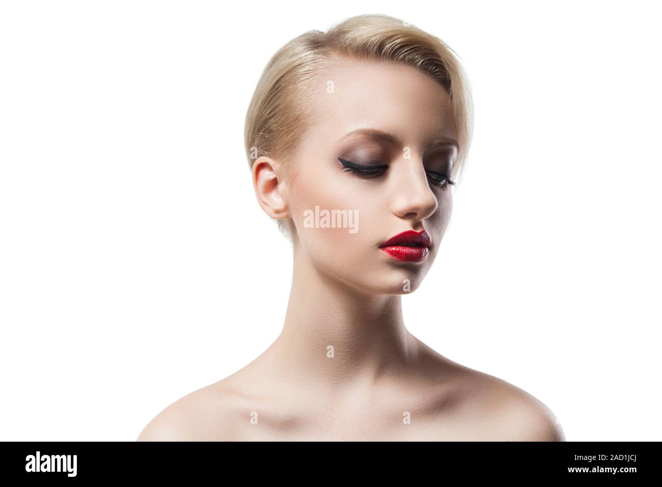Beautiful Young Model With Blonde Short Hair And Red Lips Stock