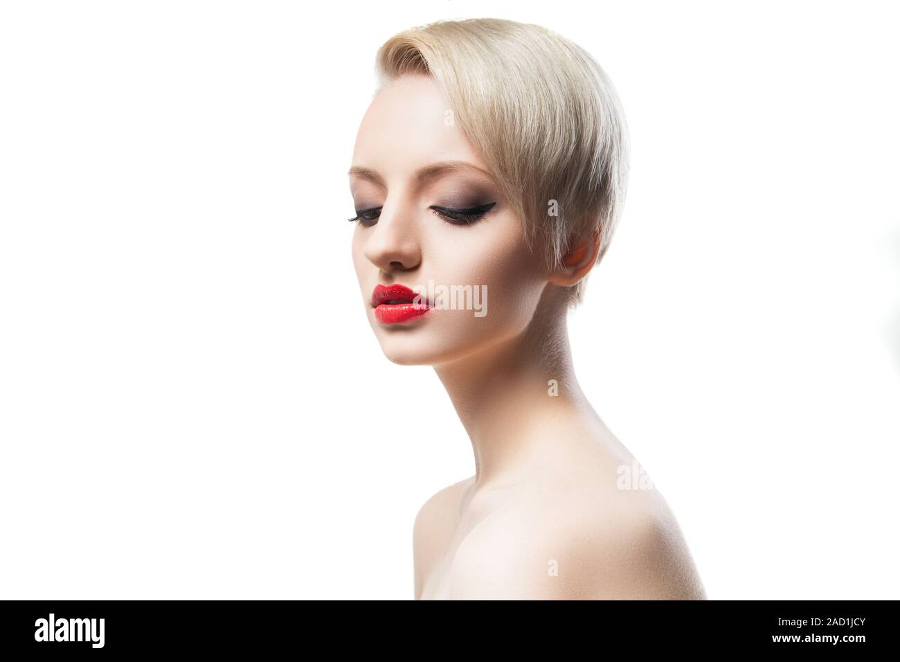 Beautiful Young Model With Blonde Short Hair And Red Lips Stock