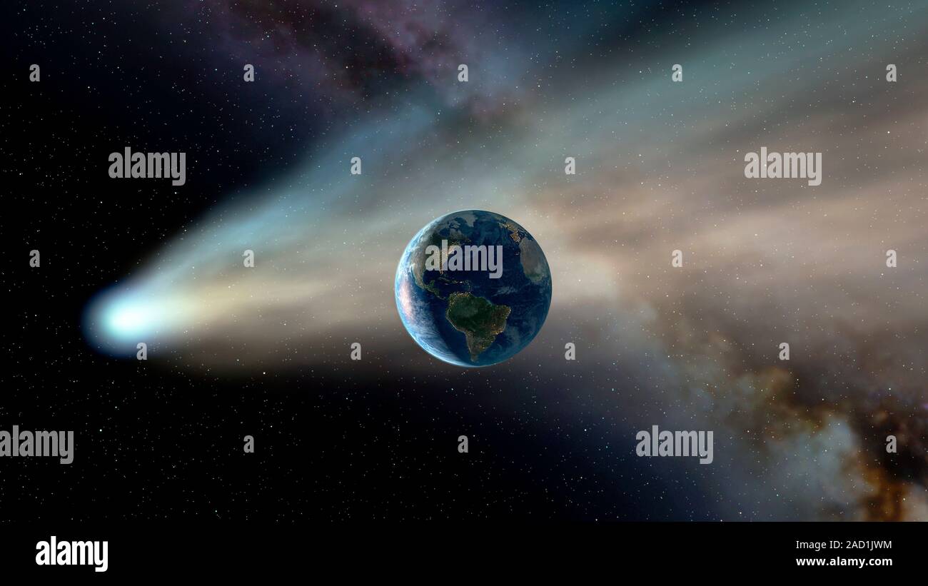 Comet passing by the Earth, illustration. The passage of a large