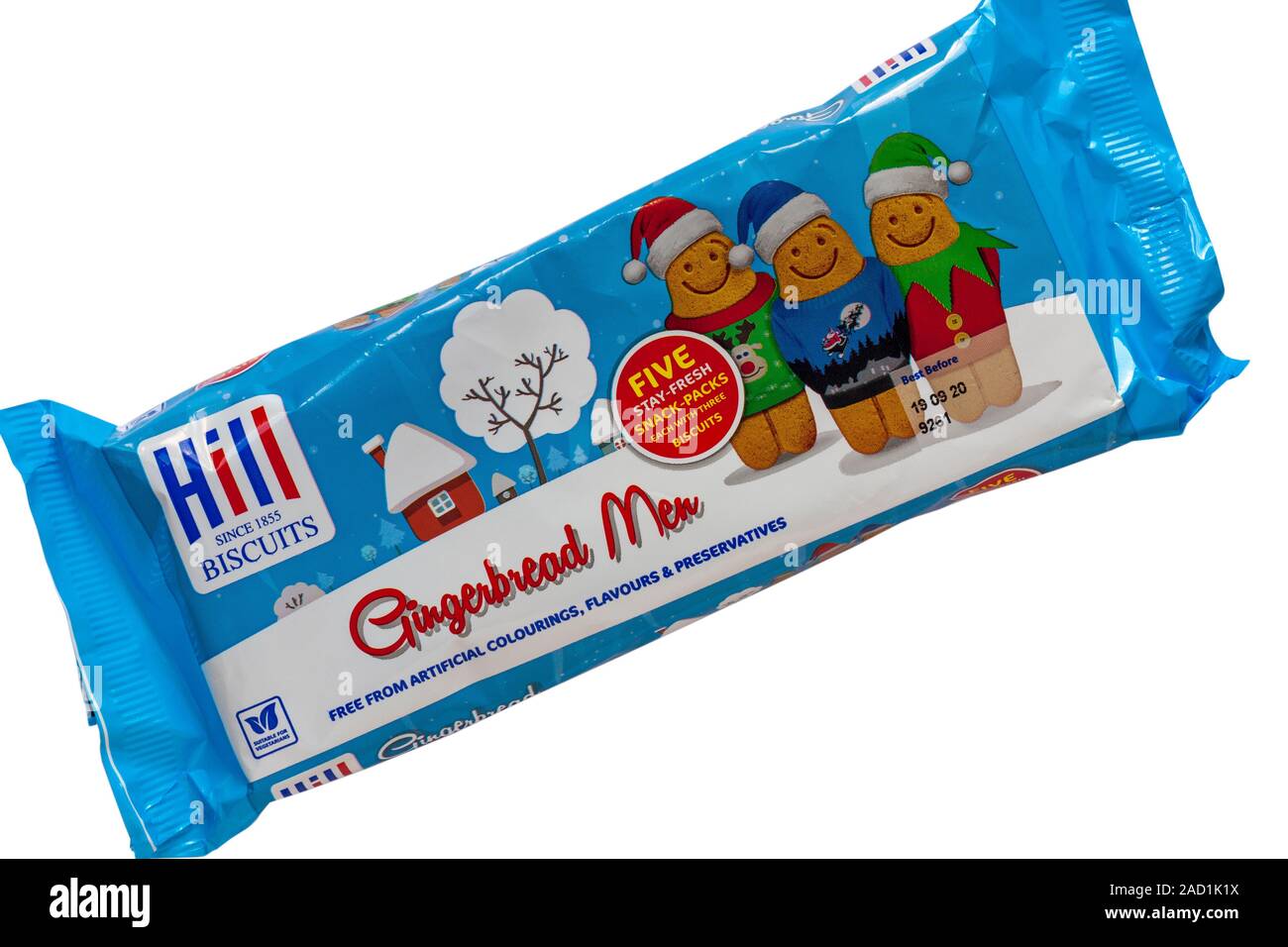 Packet of Hill Biscuits Gingerbread Men set on white background Stock