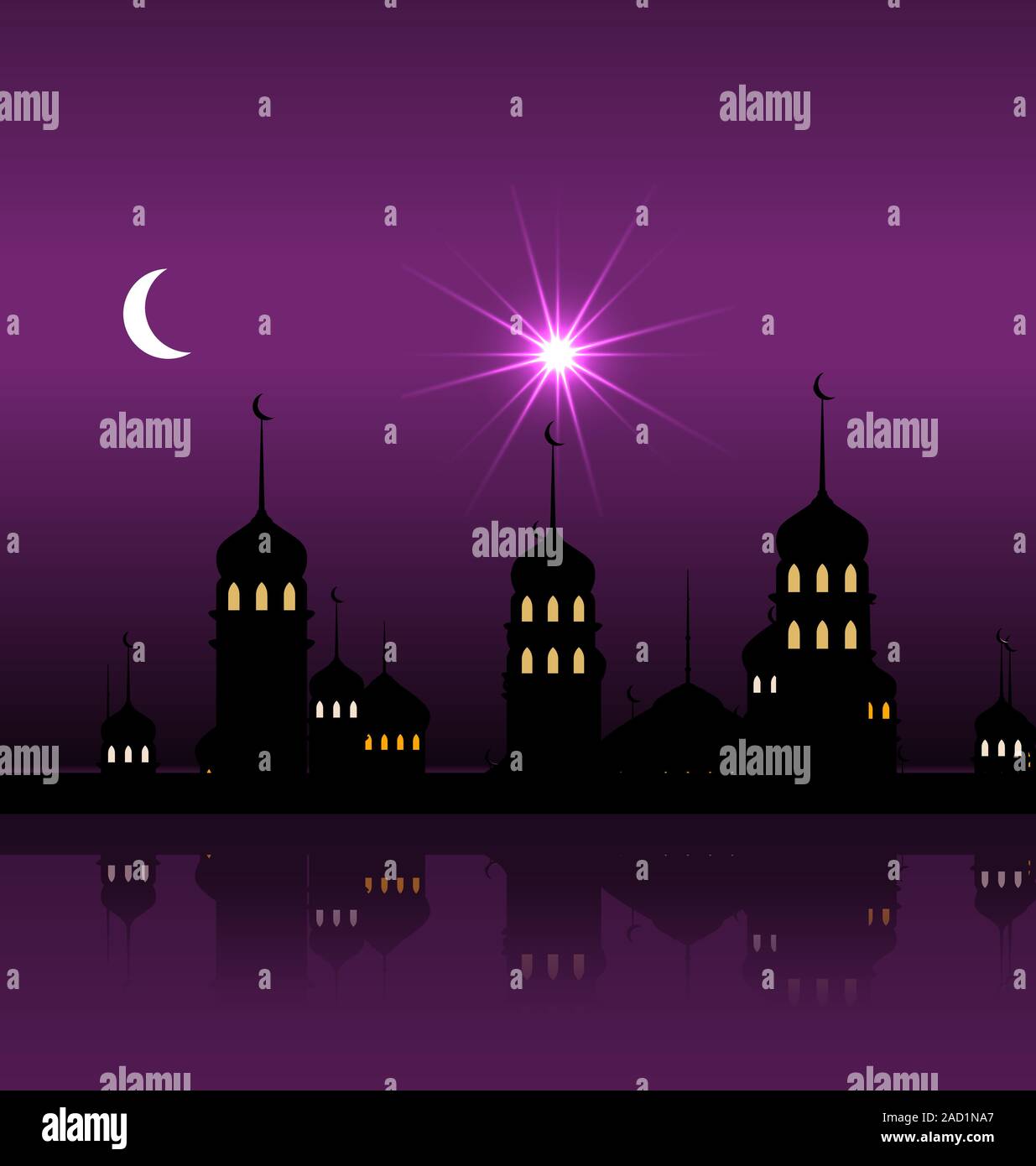 Silhouette of Mosque Against Night Sky with Crescent Moon Stock Photo ...
