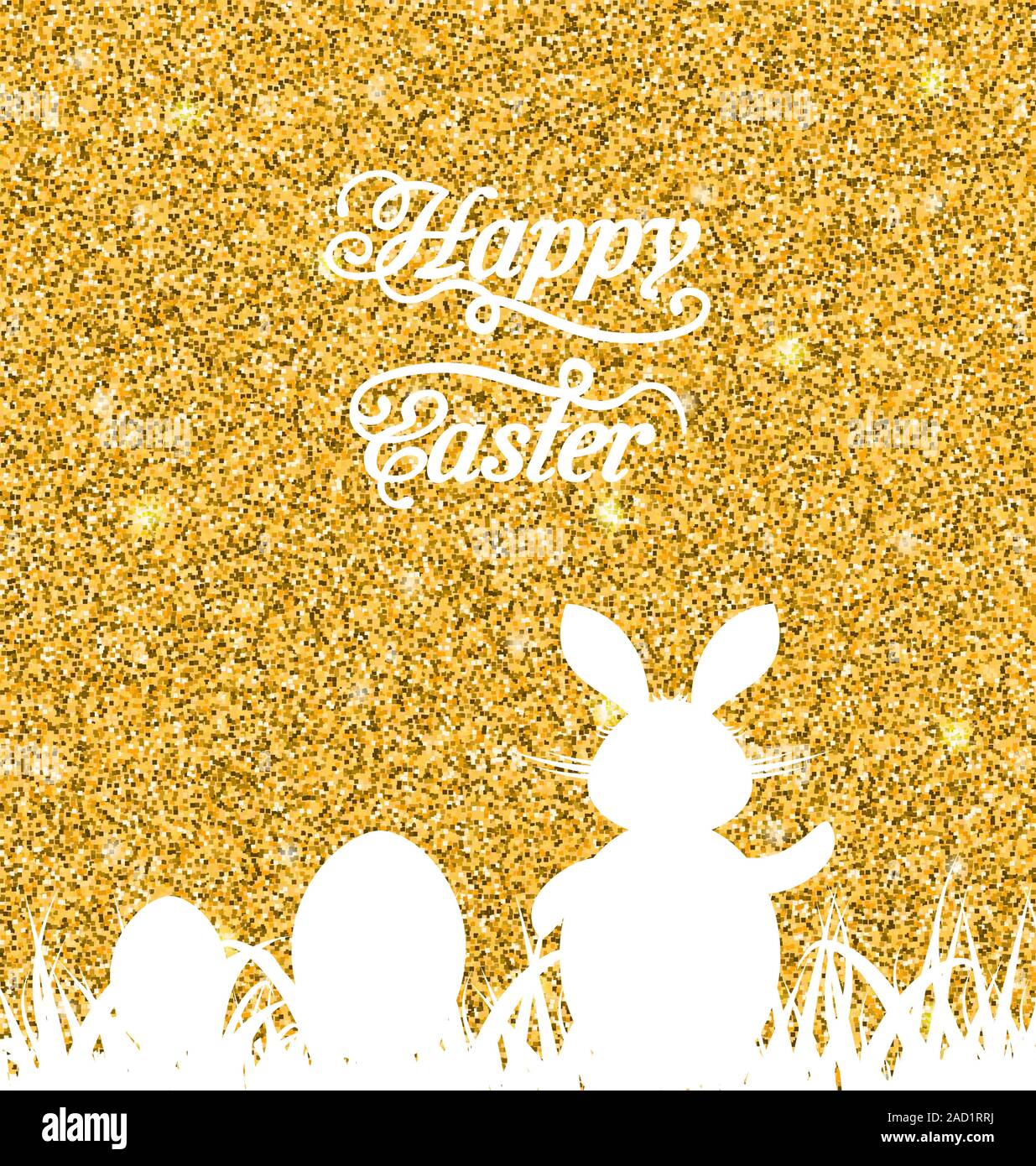 Abstract Easter Sparkle Background with Rabbit, Eggs, Grass Stock Photo