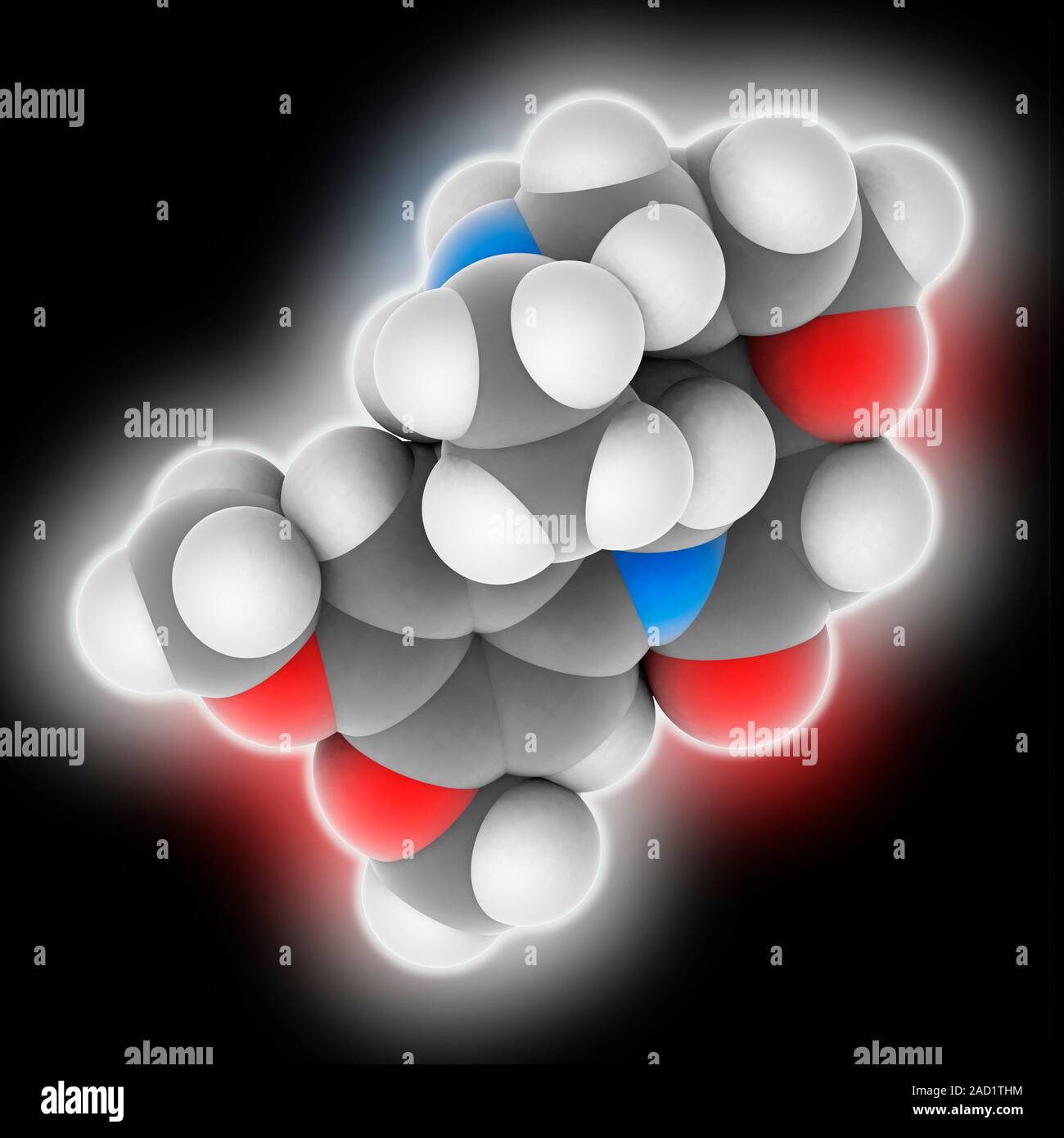 Brucine. Molecular model of the alkaloid brucine (C23.H26.N2.O4), a bitter poison. As a drug, it is used to regulate high blood pressure and benign ca Stock Photo
