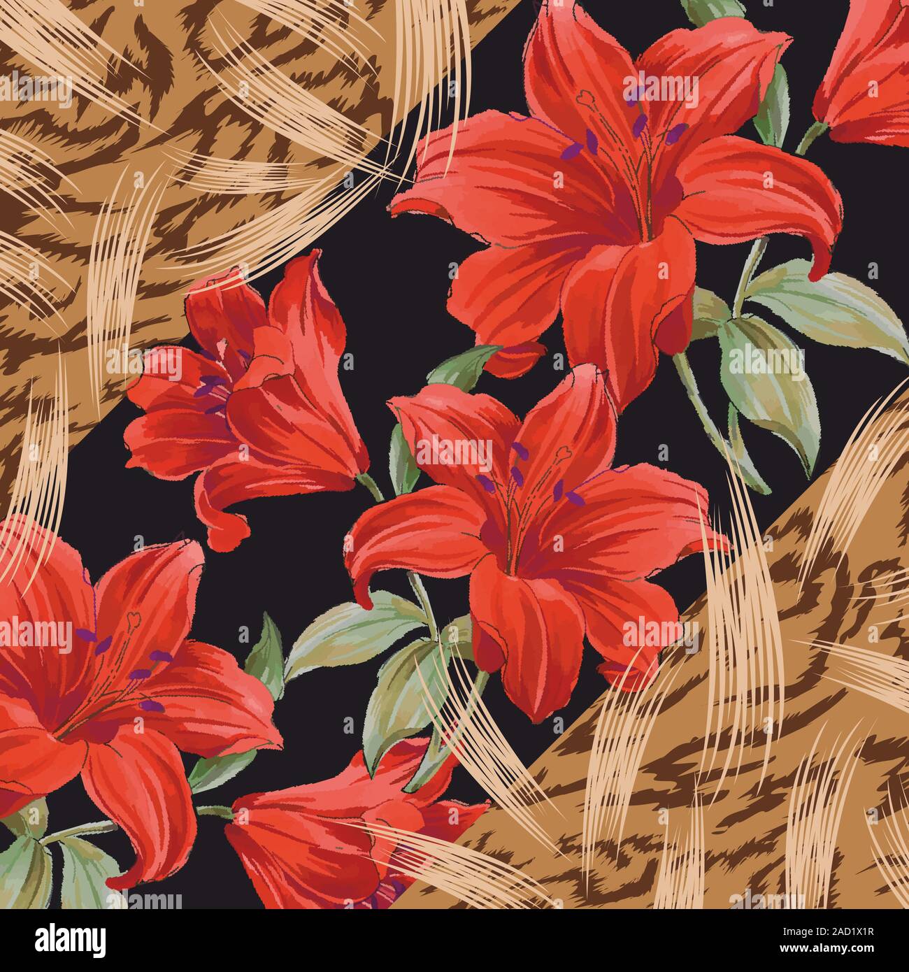 Lilium floral pattern on black background.Leopard skin texture. - vector Stock Vector