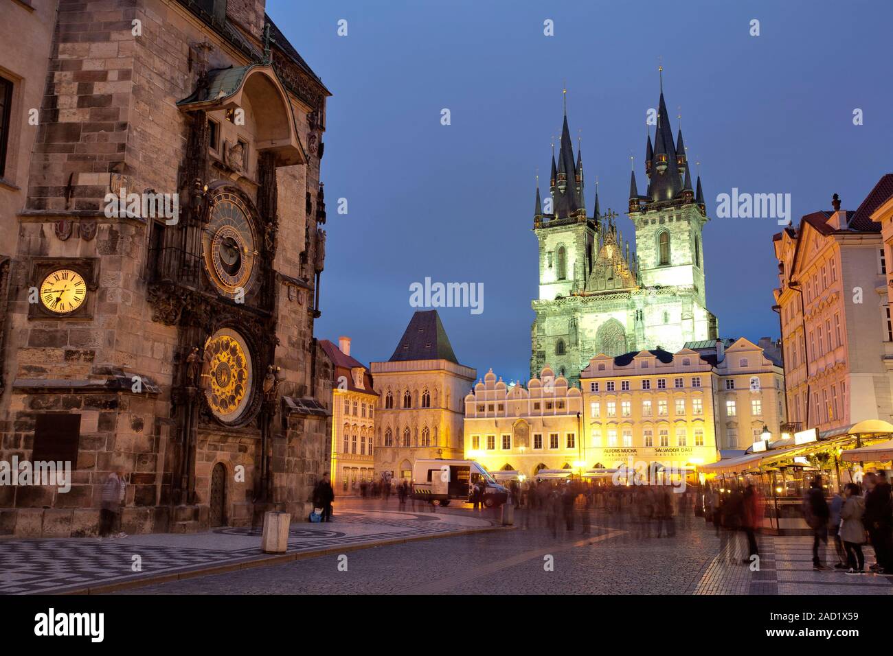 The Astronomical Clock and the old town square with the Gothic Church of Lady before Tyn. Stock Photo