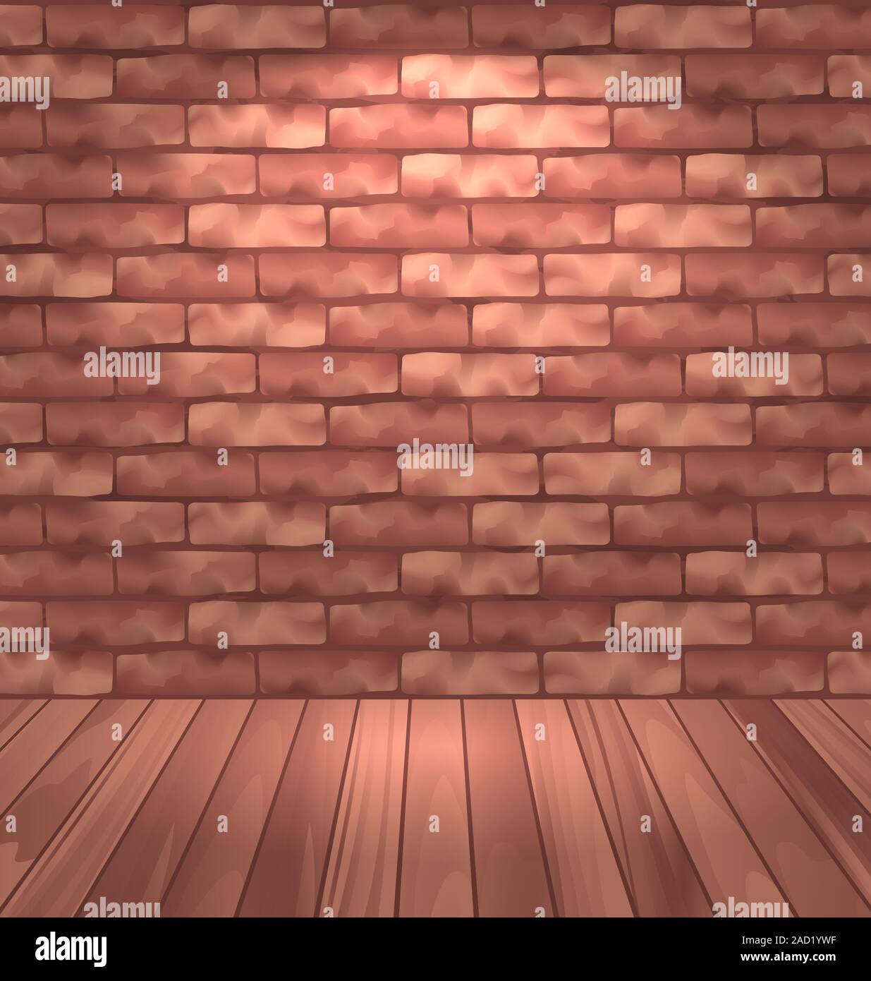Brown brick wall with wooden floor, empty room interior with light ...