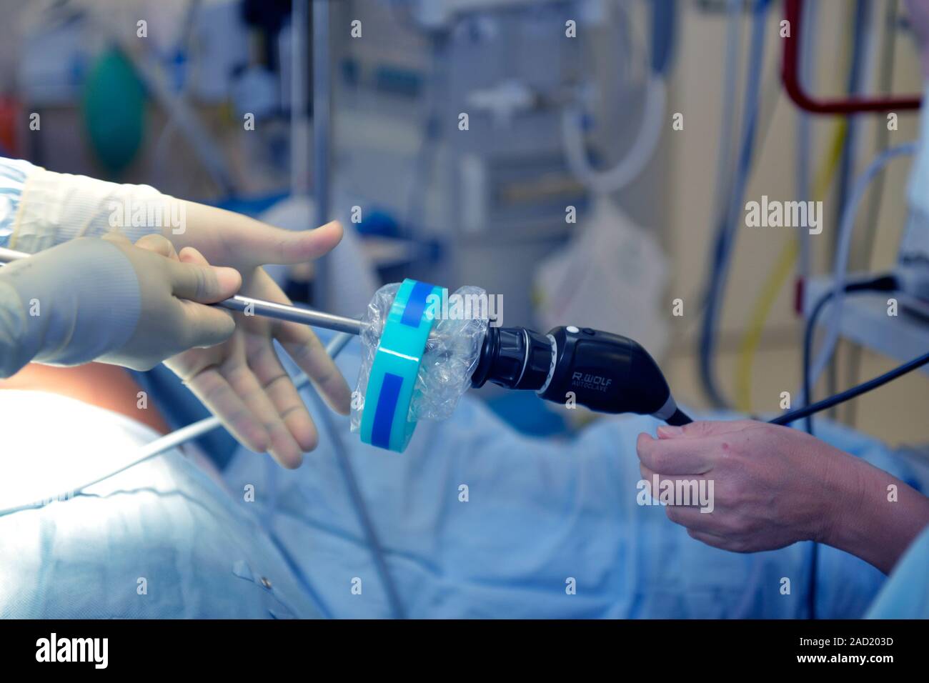 Gastric bypass surgery. Surgeon using endoscopic equipment during