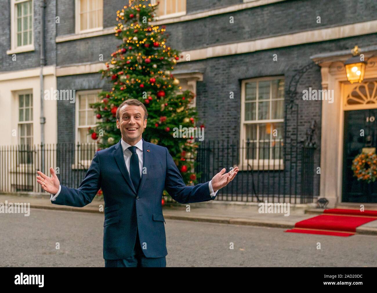 London, UK. 03rd Dec, 2019. Emanuel Macron, President of France, arrives at a meeting of the four heads of government of Germany, France, England and Turkey at Downingstrasse 10 before the start of the actual NATO summit. The subject of the meeting will be the conflict in Syria. The meeting of heads of state and government will celebrate the 70th anniversary of the military alliance. Credit: Michael Kappeler/dpa/Alamy Live News Stock Photo