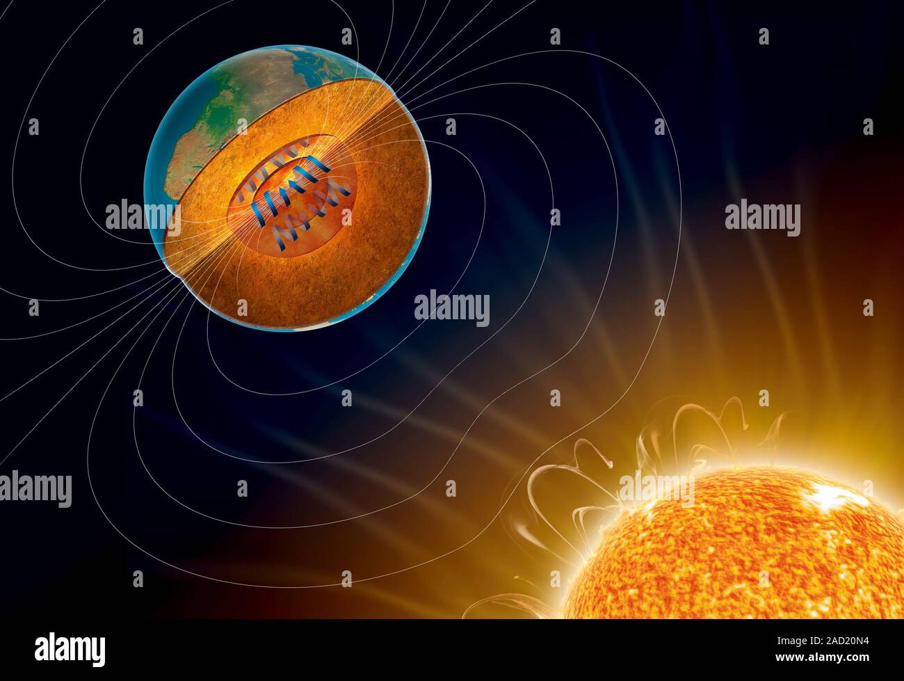 Effect of sunstorm on Earth. Computer illustration showing how a solar
