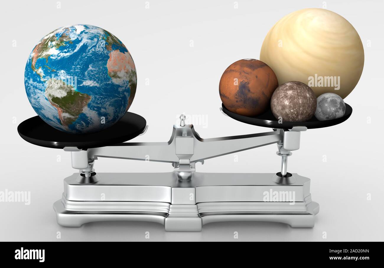 Earth's mass. Illustration of the terrestrial or rocky planets of the Solar System on a weighing scale, with Earth outweighing all the other rocky pla Stock Photo