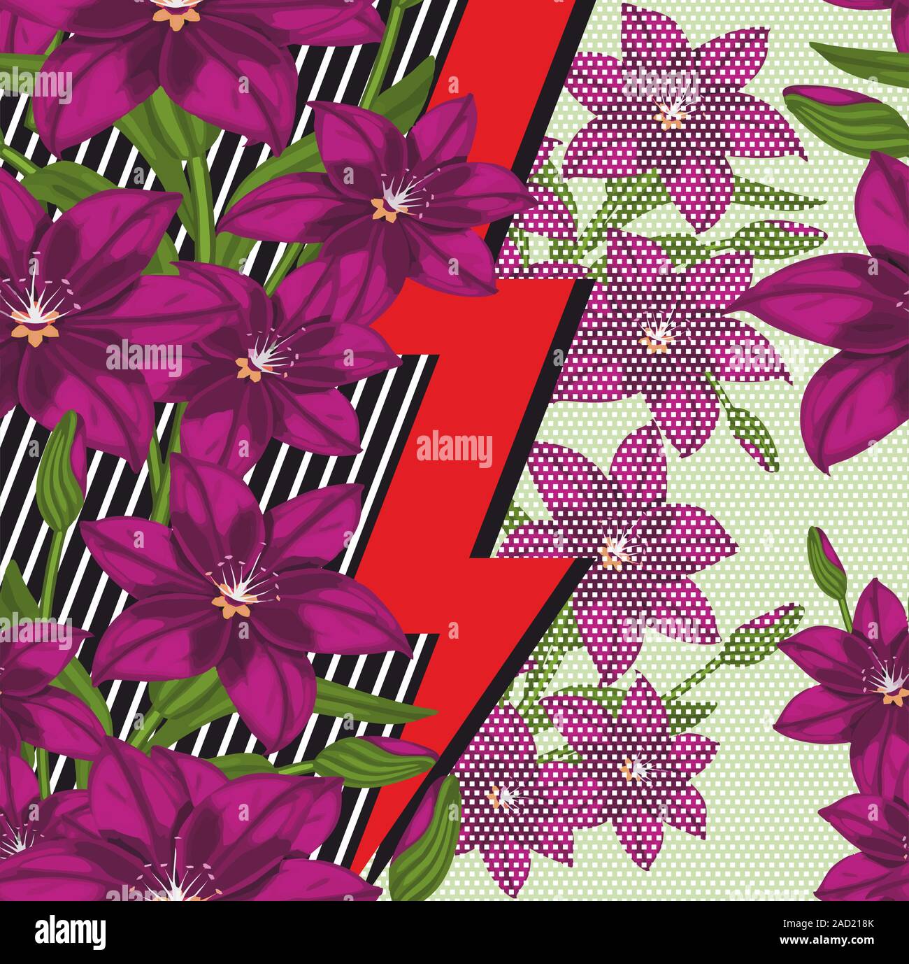 Seamless flowers pattern with geometric background. - vector Stock Vector