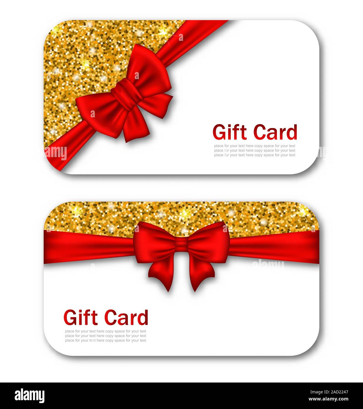Gift Cards with Red Bow Ribbon and Golden Sparkles Stock Photo Alamy
