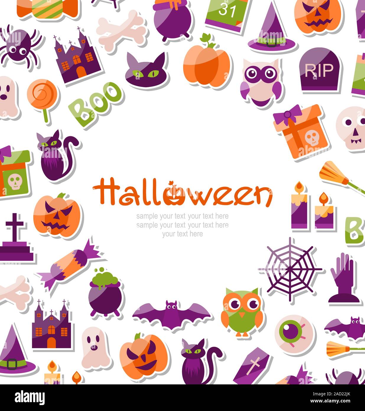 Halloween Card. Set of Bright Signs, Icons and Objects Stock Photo