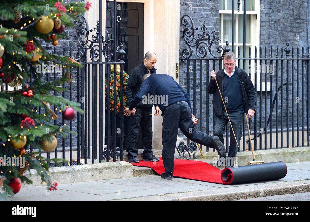 London, UK. 3rd December 2019. Leaders arrive in Downing Street for a meeting ahead of tomorrow's NATO summit. Rolling out the red carpet Credit: PjrFoto/Alamy Live News Stock Photo