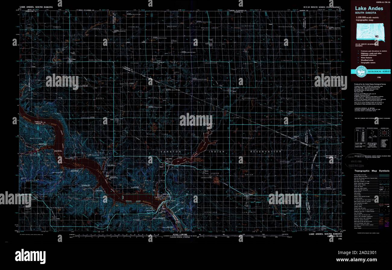 USGS TOPO Map South Dakota SD Lake Andes 344689 1986 100000 Inverted