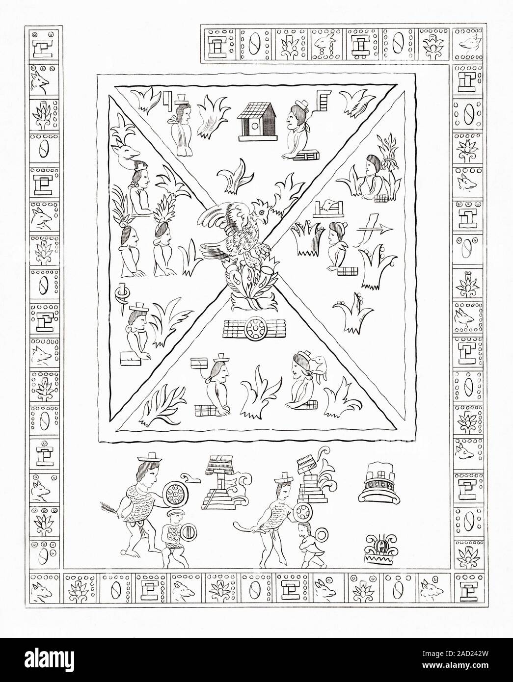 Reproduction of a page in the Mendoza Codex.  The  codex is thought to date from the mid 16th century.  It recounts aspects of Aztec history. Stock Photo