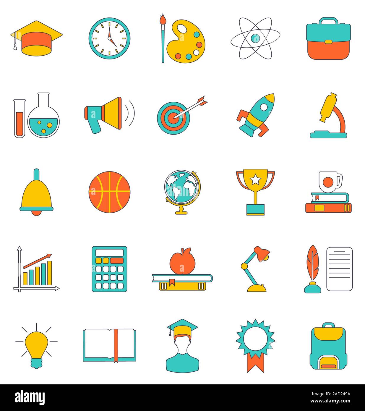 Set Flat Line Colorful Icons of School Equipment Stock Photo