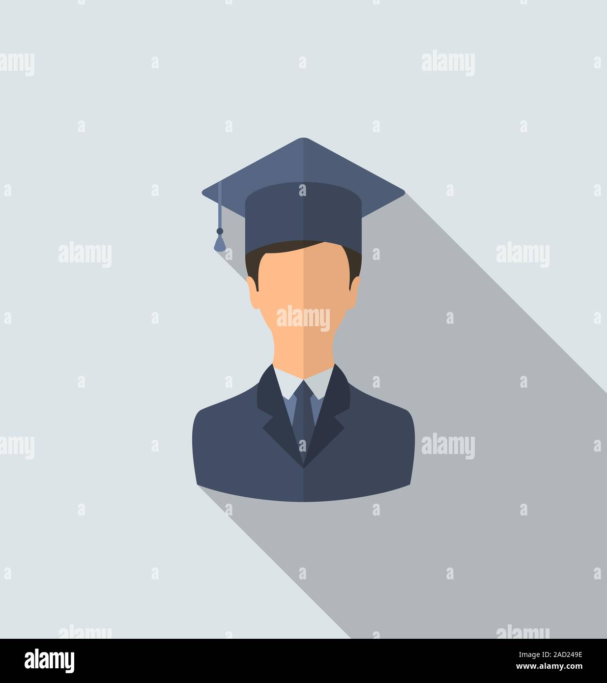 Flat icon of male graduate in graduation hat, minimal style with long shadow Stock Photo