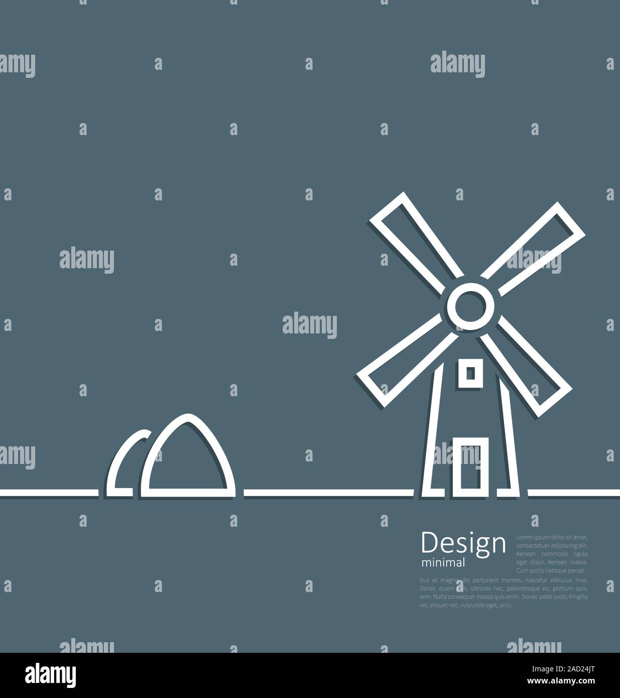 Illustration village landscape windmill haystack, design minimal line ...