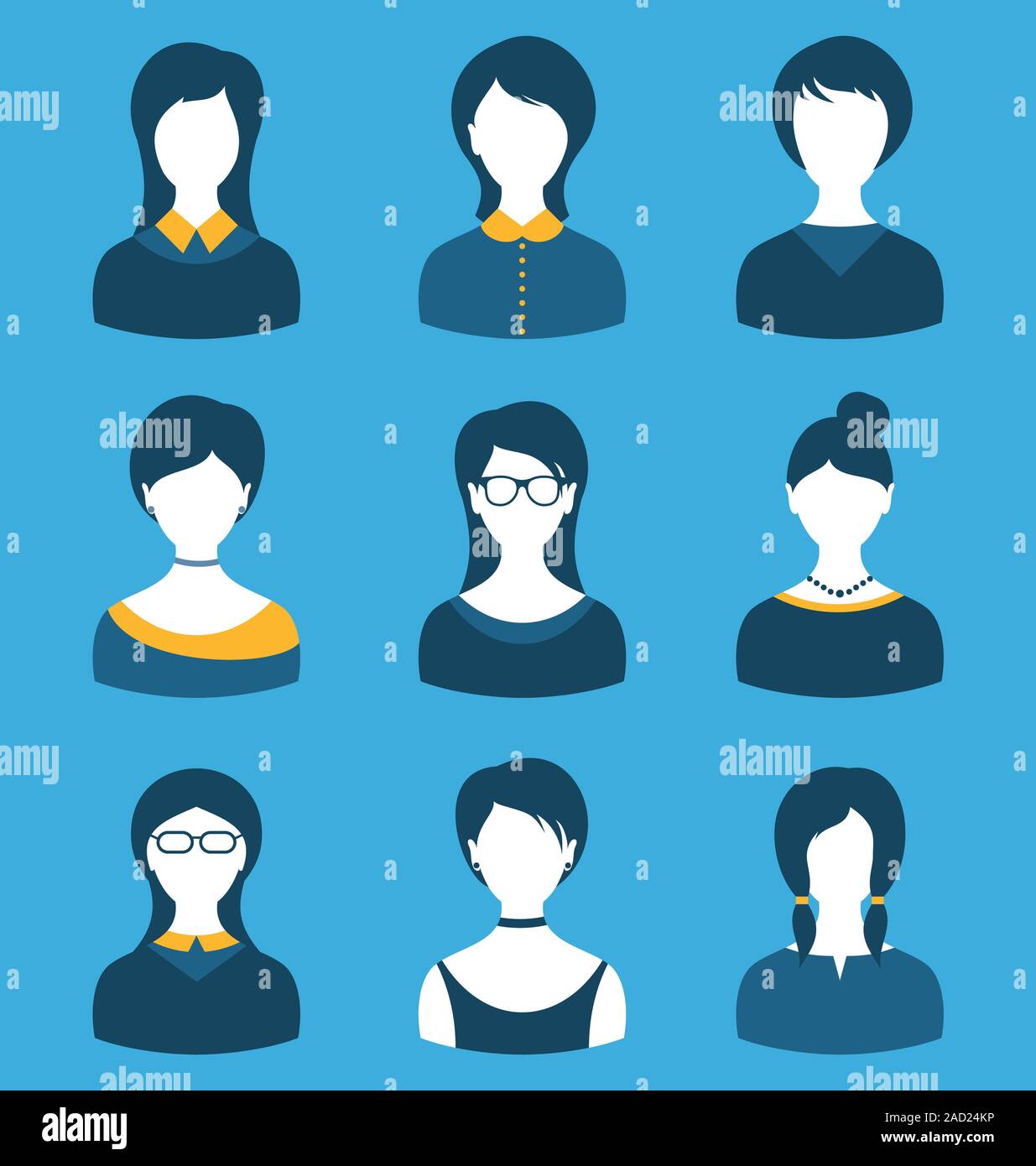 Set female characters, front portrait, isolated on blue background ...