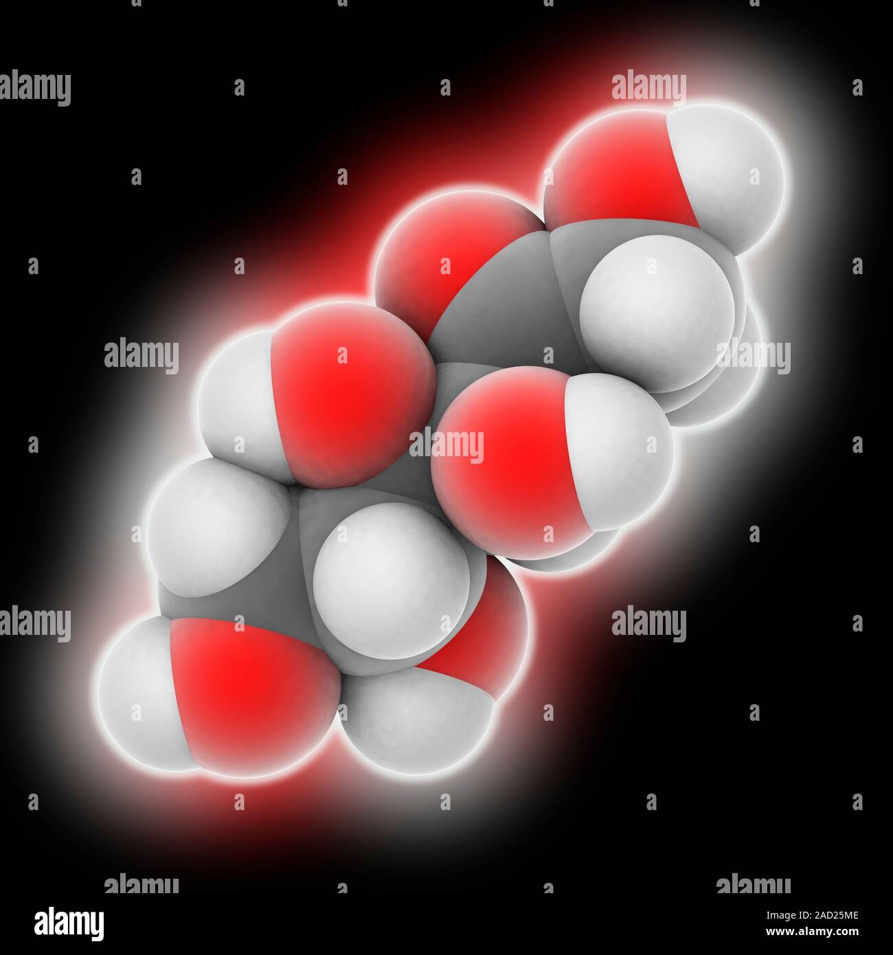 Fructose. Molecular model of the fruit sugar fructose (C6.H12.O6), formally known as D-fructopyranose. This sugar is found in many plants. Atoms are r Stock Photo