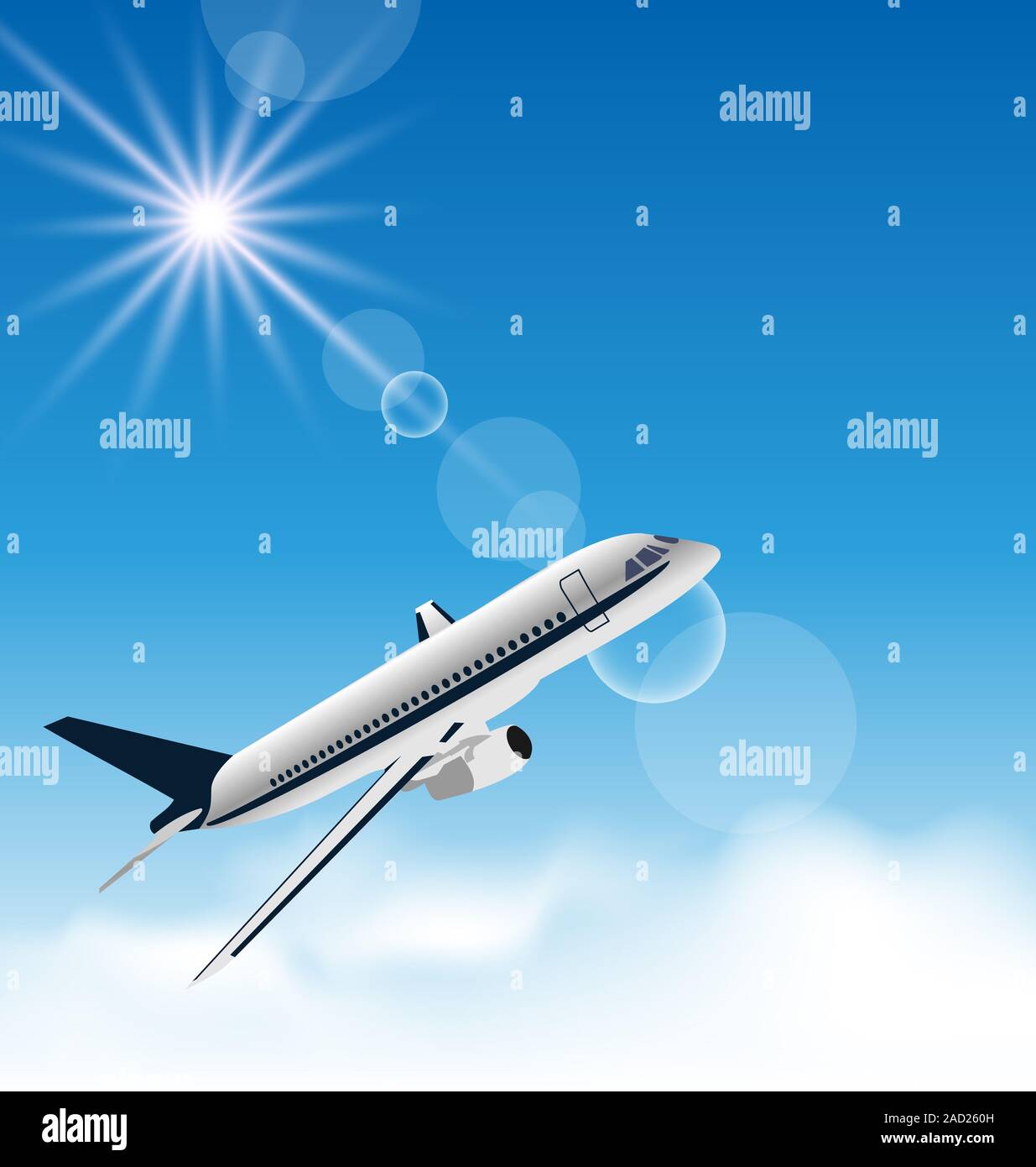 Realistic background with flying airplane Stock Photo - Alamy