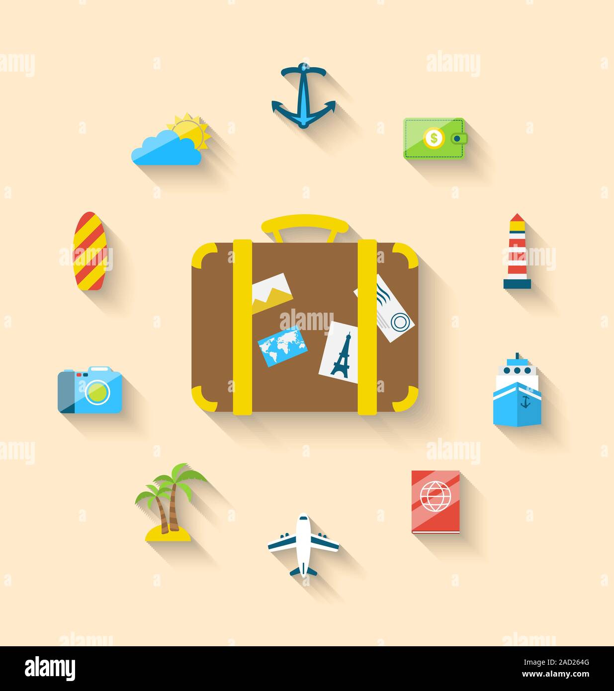 Flat set icons tourism objects and equipment with suitcase, long shadow ...