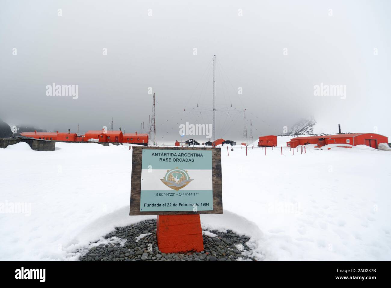 Welcome sign, Argentine scientific station Base Orcadas, Laurie Island, South Orkney Islands, Antarctica Stock Photo