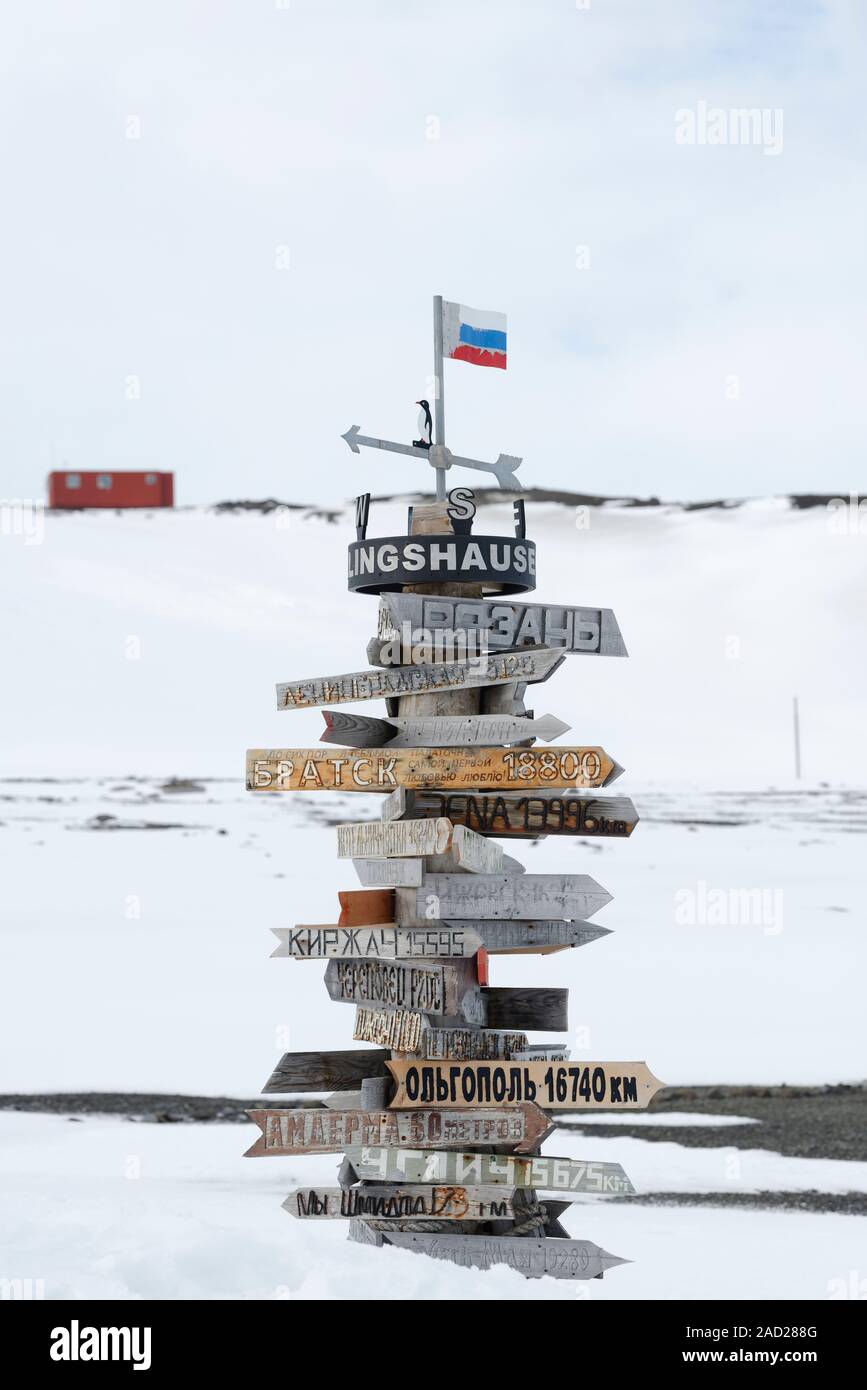 Signpost at the Russian Base Bellingshausen Station, King George Island, South Shetland Islands, Antarctica Stock Photo