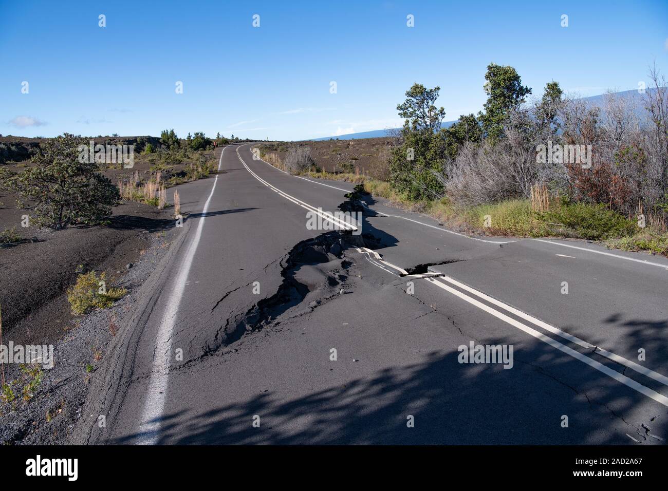 Chain of Craters Road showing signs of earthquake damage, Kilauea Caldera, Big Island, Hawaii, USA Stock Photo