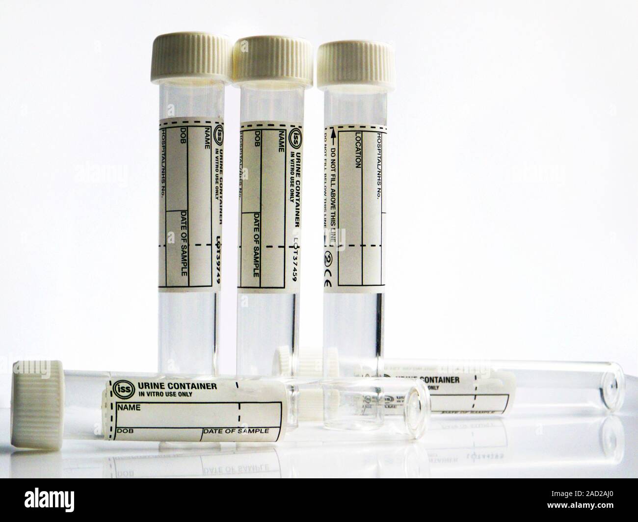 Urine sample containers. Empty plastic tubes used to collect samples