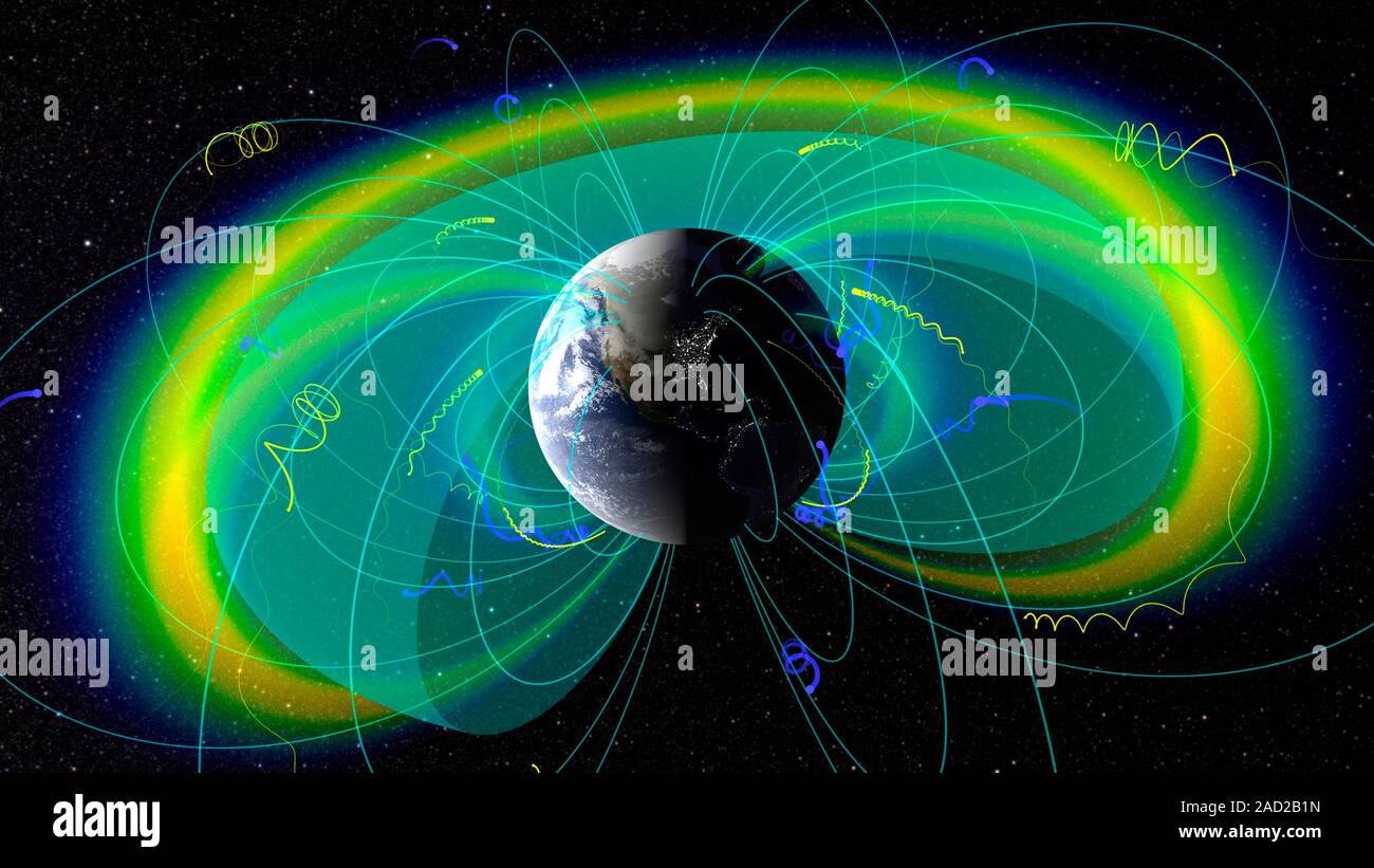 Earth's radiation and plasma belts. Computer graphic showing the Earth's radiation belts (outer, multi-coloured) and plasmasphere (blue-green). The sh Stock Photo