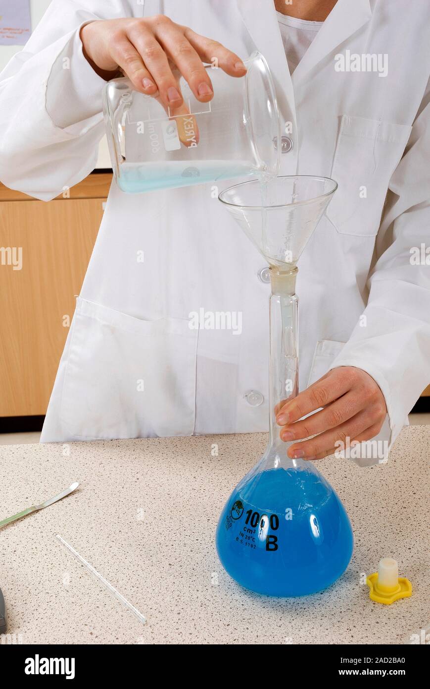 Preparing copper sulphate solution. Student preparing a standard solution of copper sulphate (CuSO4). Here, he has poured the prepared solution into a Stock Photo