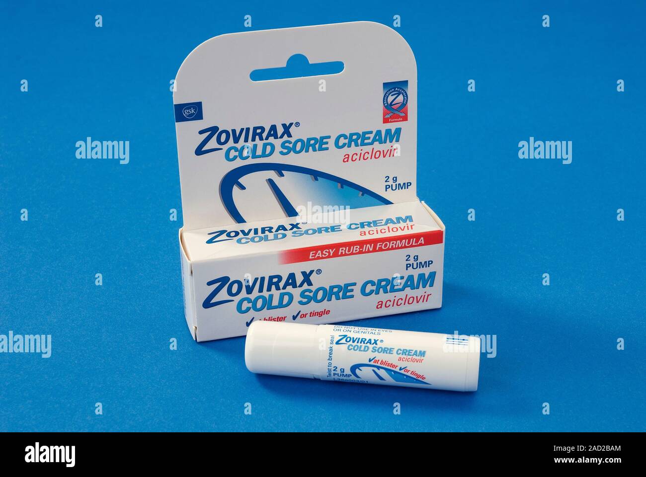 Cold sore cream. Box and tube of acyclovir cold sore cream, marketed