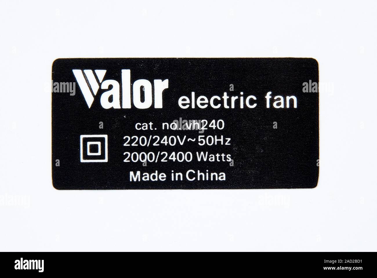 Power supply label. Closeup of the label on an electric fan, showing