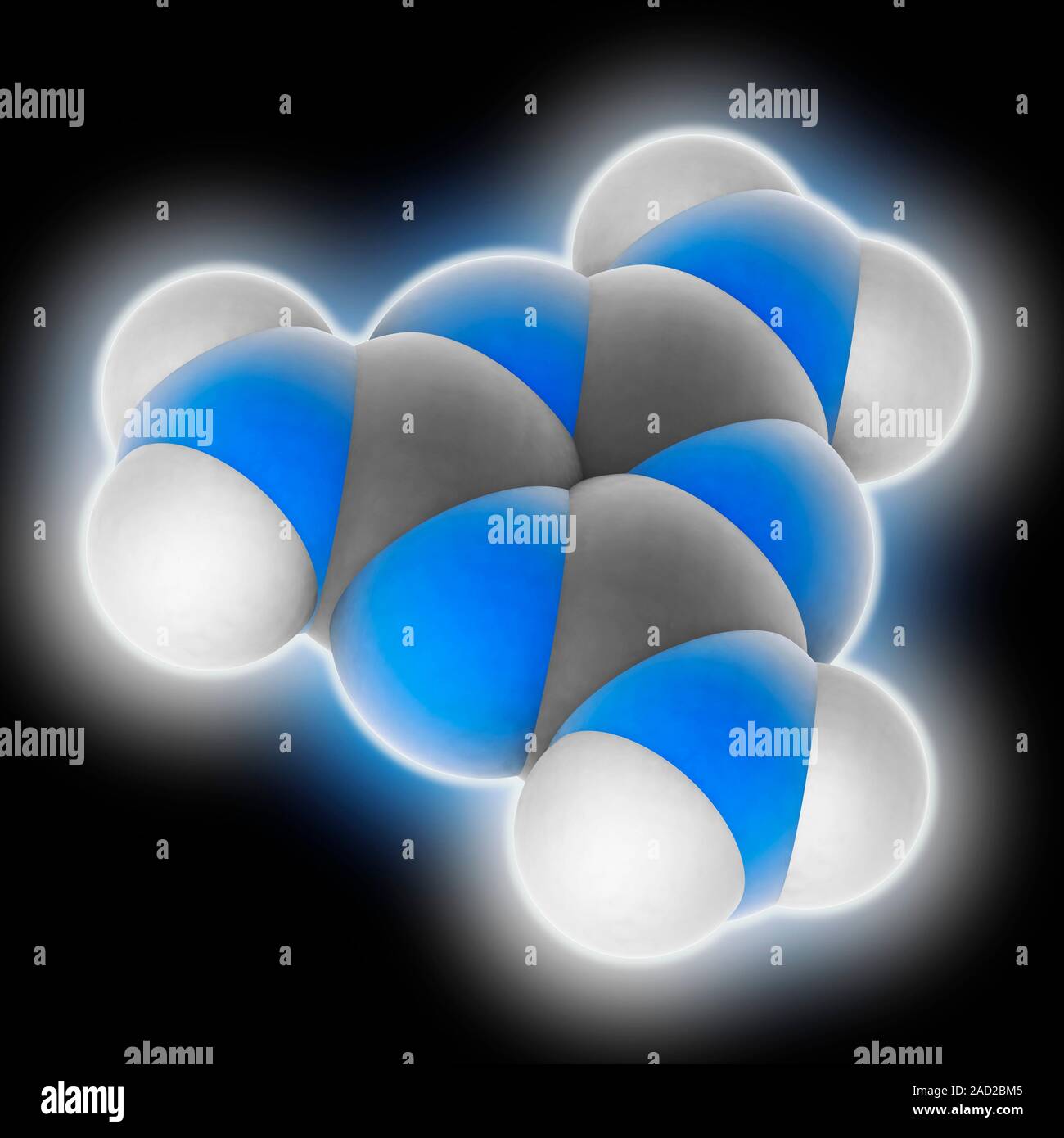 Melamine. Molecular model of the organic compound melamine (C3.H6.N6), a chemical that is