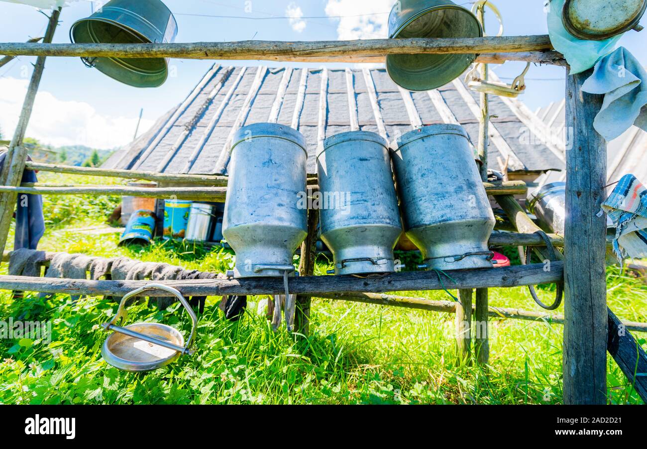 Old Milk Cans Made of Aluminum. Old milk cans made of metal to dry on a