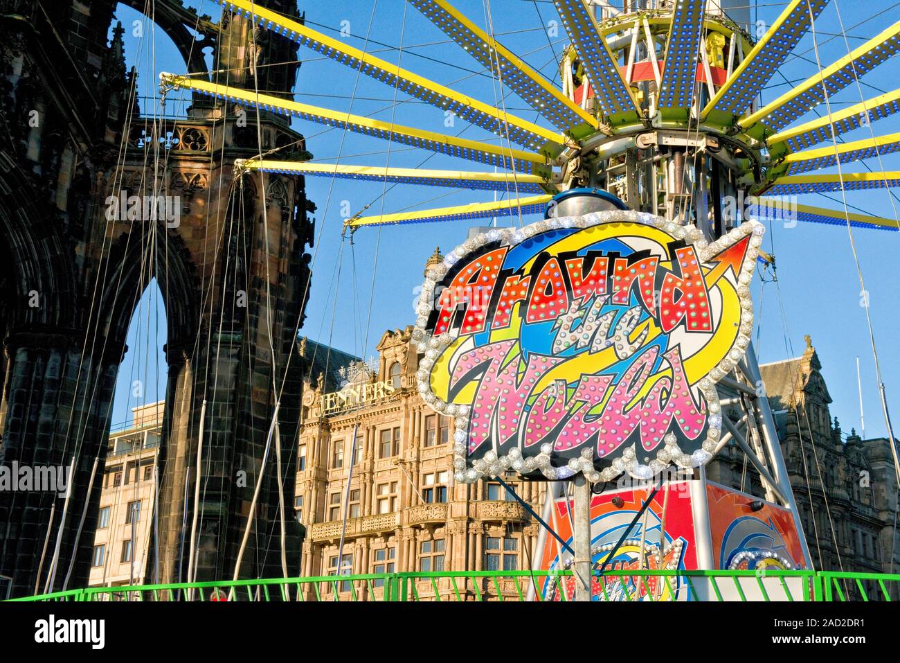 Walter Scott Monument and high Star Flyer fairground ride. Edinburgh