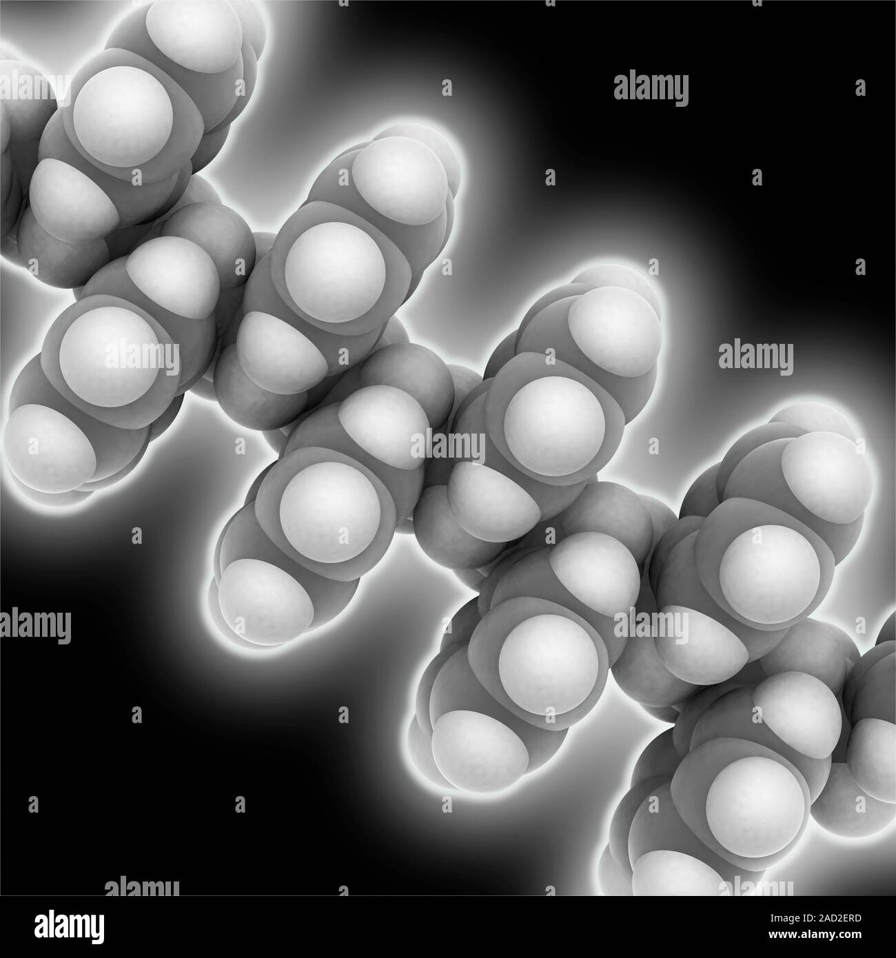 Polystyrene. Molecular model of the thermoplastic polymer polystyrene