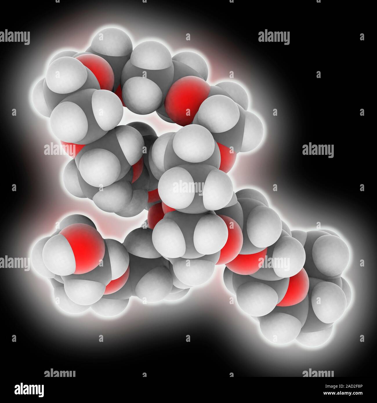 Polyethylene glycol (PEG) molecule. Molecular model of the compound  poly(ethylene glycol) butyl hydroxymethyl (C33.H68.O15). This is a polymer  chain o Stock Photo - Alamy